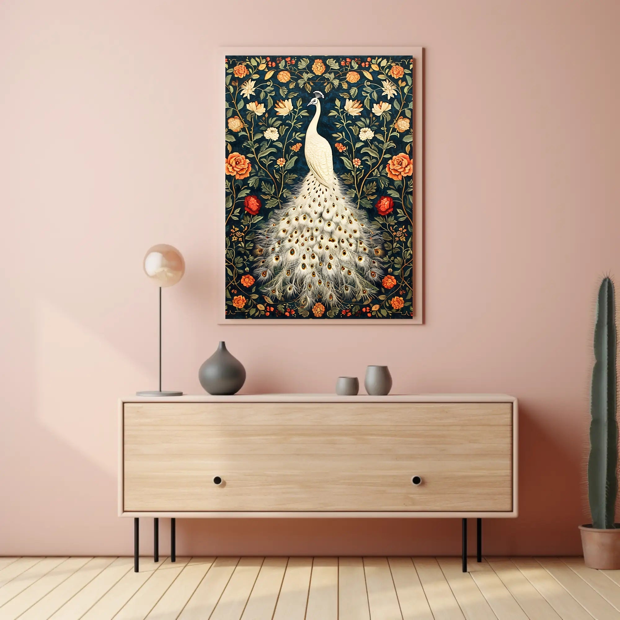 Exquisite White Peacock Among Floral Splendor - Artistic Poster