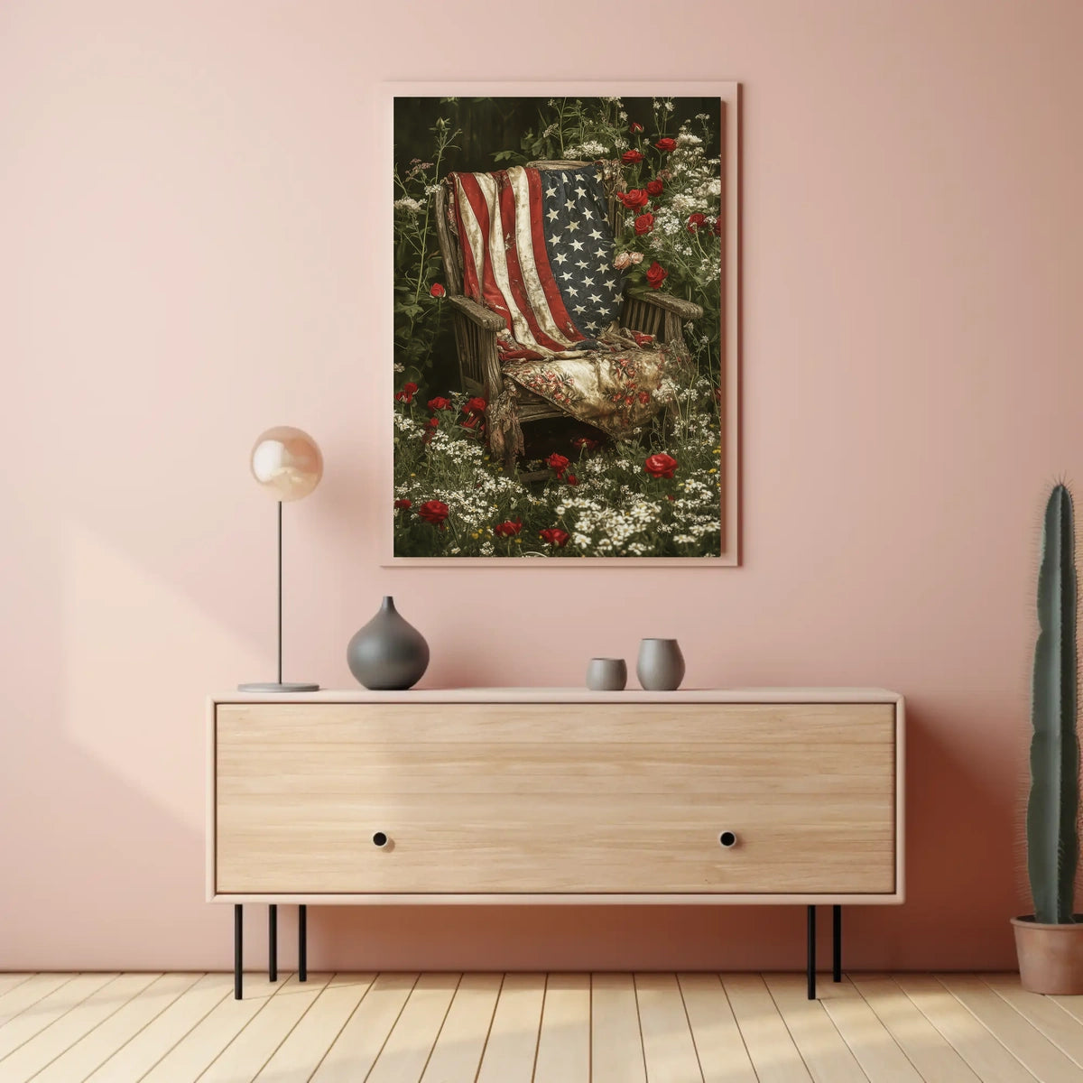 rustic garden chair with an old American flag draped Poster