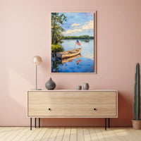 Tranquil Boat On A Calm Lake With American Flag Poster