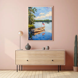 Tranquil Boat On A Calm Lake With American Flag Poster