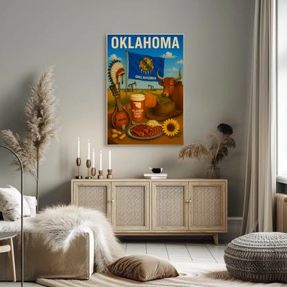 Oklahoma BBQ Cow Mandolin Flag Beer Travel Poster