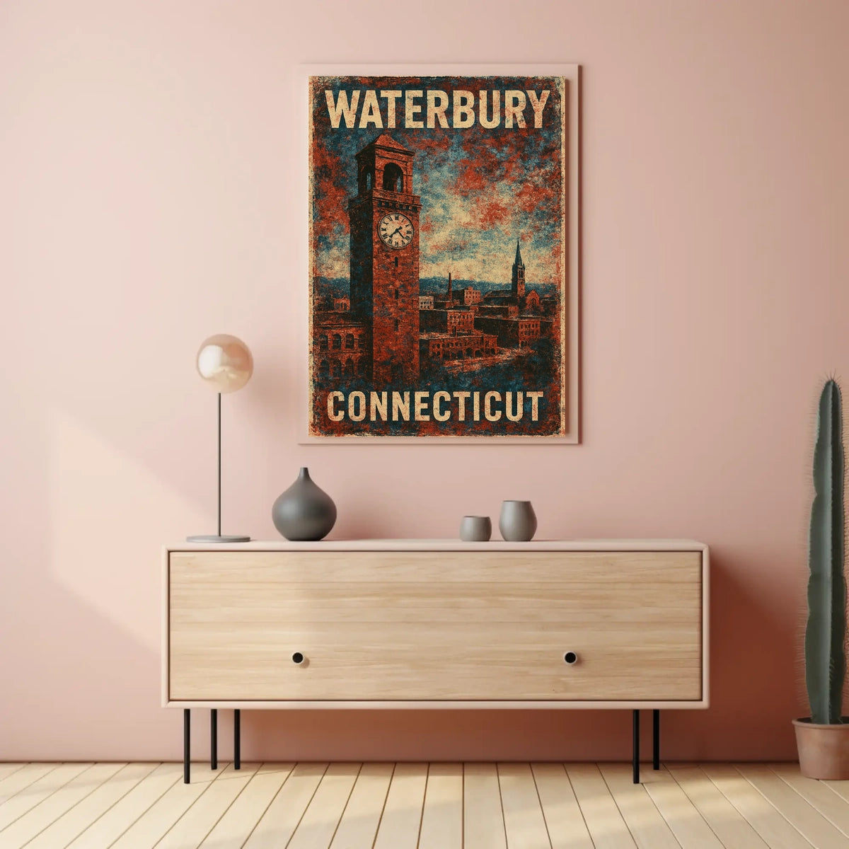 Waterbury Connecticut Cityscape Vintage Travel Poster