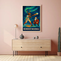 Reindeer Baseball Scene Under Northern Lights - Fantasy or Mythology Poster
