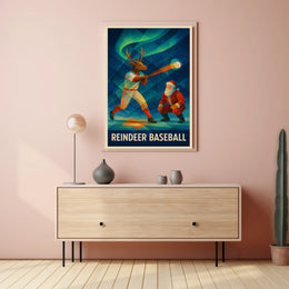 Reindeer Baseball Scene Under Northern Lights - Fantasy or Mythology Poster