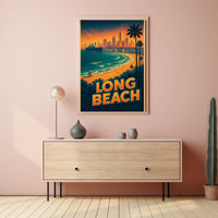 Long Beach Sunset Retro Travel Poster