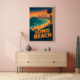 Long Beach Sunset Retro Travel Poster