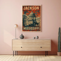 Jackson Mississippi Vintage Patriotic Architecture Capitol Building Heritage Horse Statue Eighties Typography Poster