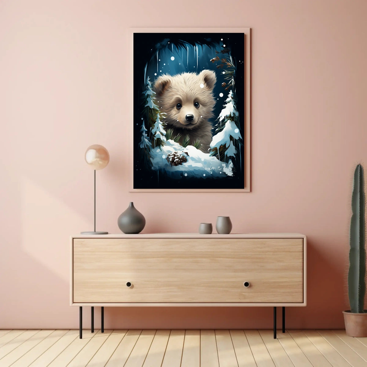 Adorable Bear Cub in Winter Forest Poster