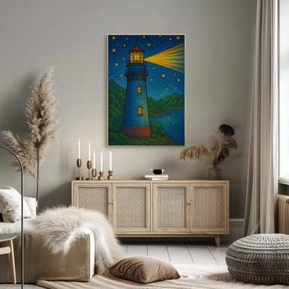 Lighthouse Night Stars Ocean Beacon Illustration Travel Poster