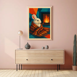 Cozy Rabbit by the Fireplace Poster