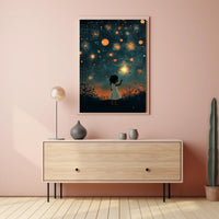 Young Girl Holding Sparkler Under Firework Sky Poster