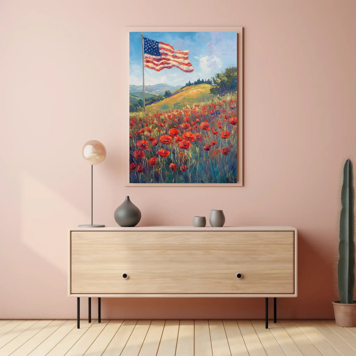 peaceful field of poppies with one large American flag Poster