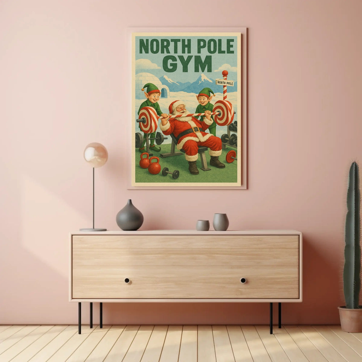 Santa Claus Weightlifting in Humorous Christmas Sports Poster