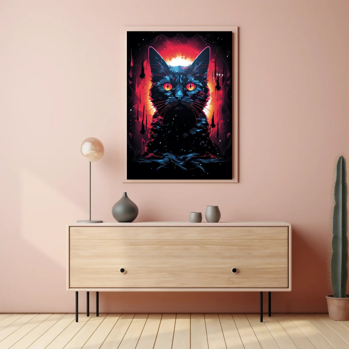 Fiery-Eyed Cosmic Cat Surreal Art Poster