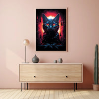 Fiery-Eyed Cosmic Cat Surreal Art Poster