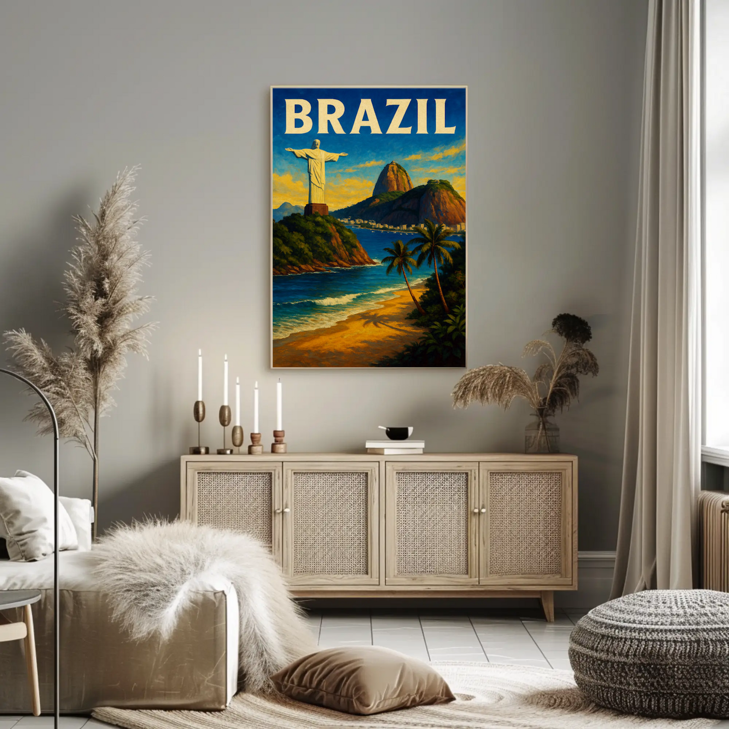 Brazil Rio De Janeiro Christ Statue Beach Travel Poster