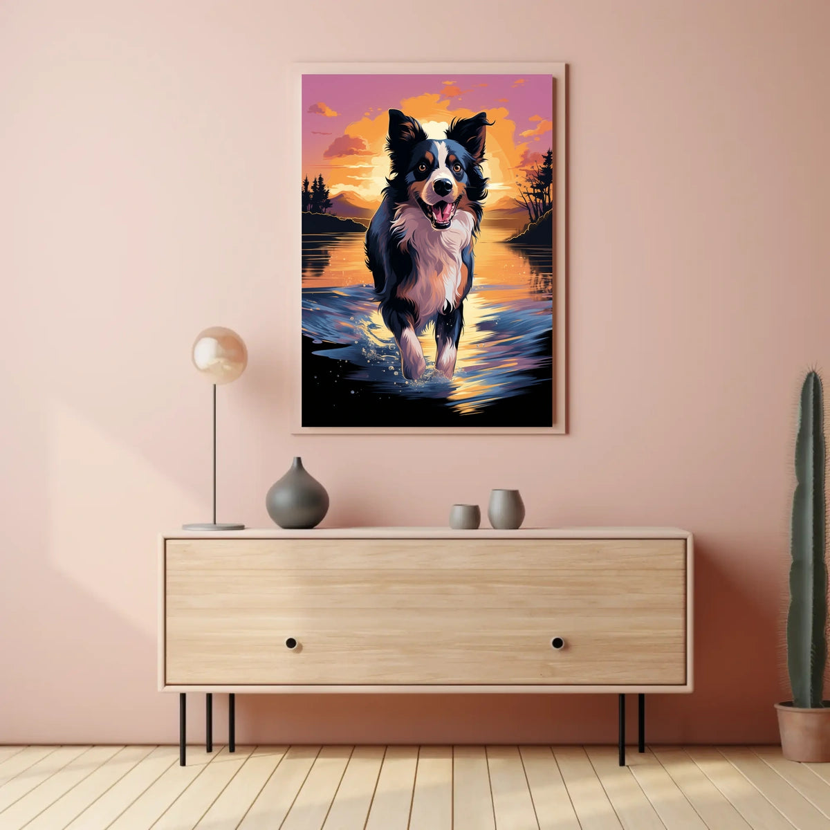 Cheerful Dog at Sunset Landscape Artistic Animal Poster