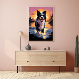 Cheerful Dog at Sunset Landscape Artistic Animal Poster
