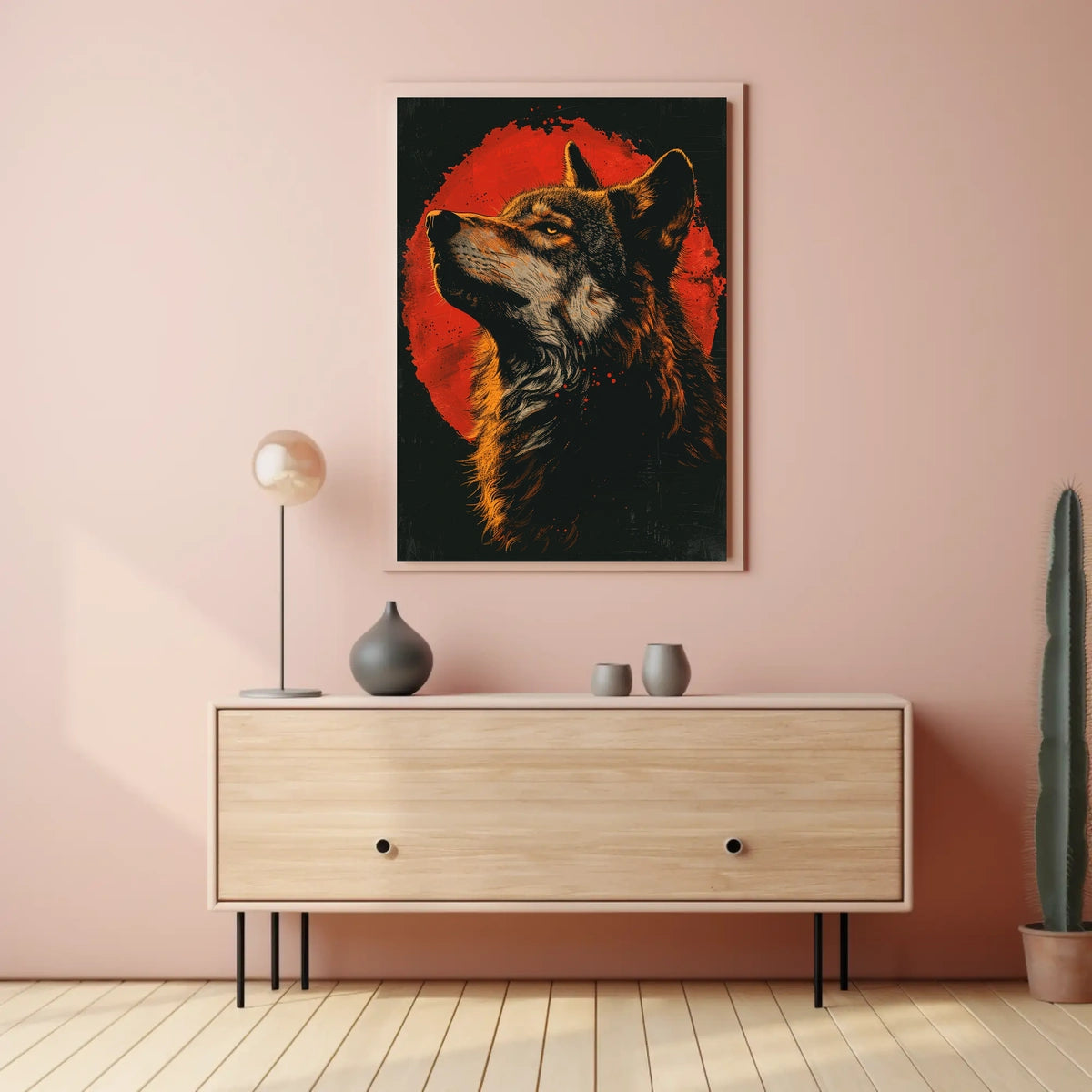 Majestic Wolf Under Red Moon Poster