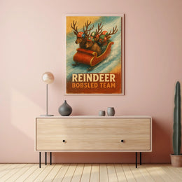 Whimsical Reindeer Bobsled Team Festive Sports Poster
