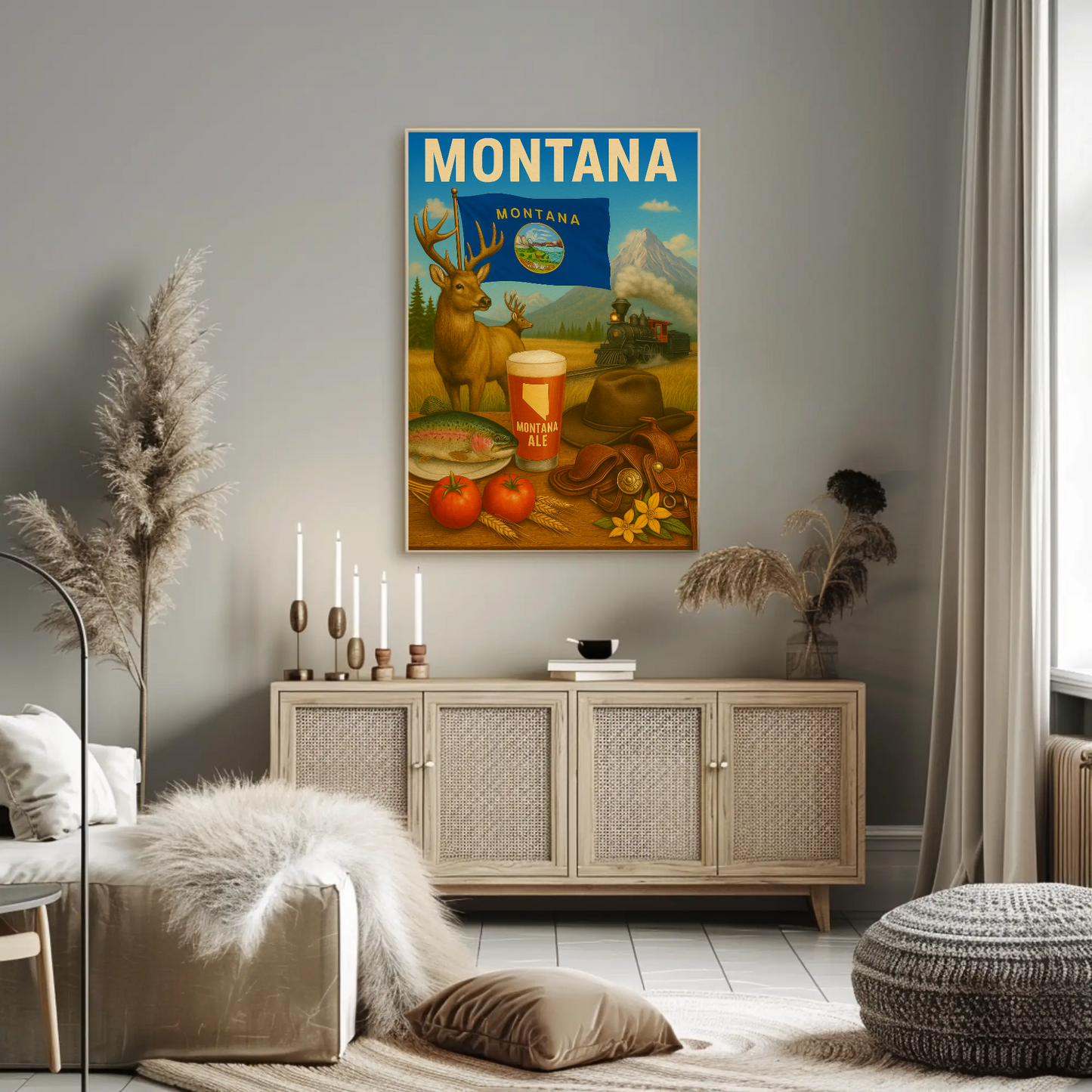 Montana Ale Elk Train Tomato Trout Hat Travel Poster