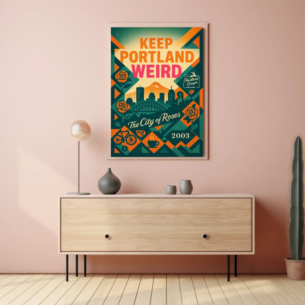 Portland Oregon Vintage Skyline Poster with Local Icons