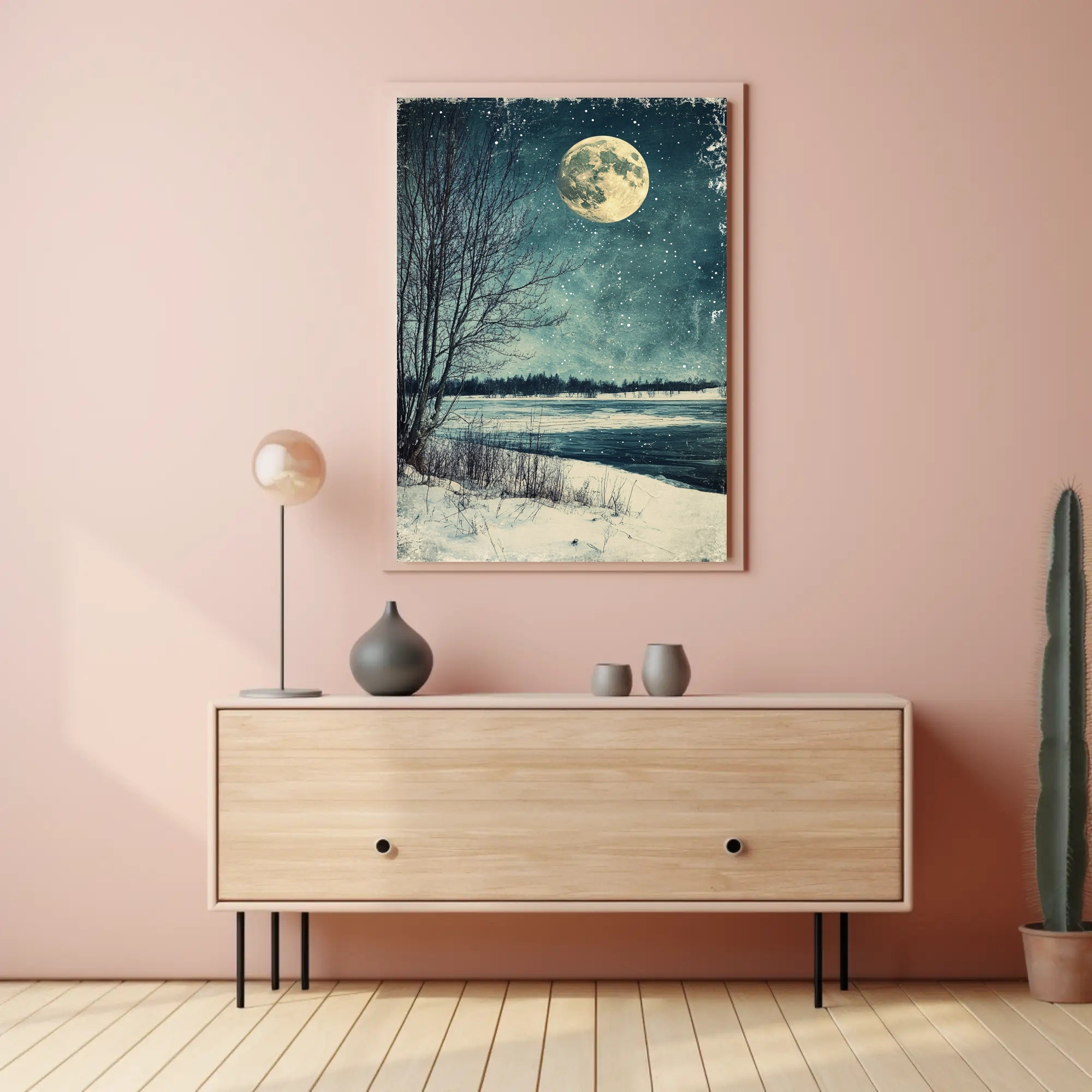 Serene Winter Moonlight Landscape Vintage Art Poster