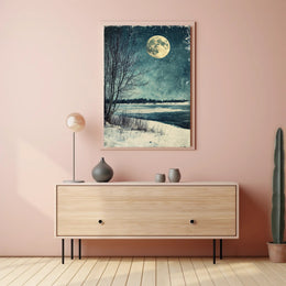 Serene Winter Moonlight Landscape Vintage Art Poster