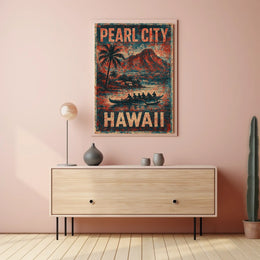 Pearl City Hawaii Nostalgic Cultural Heritage Travel Landscape Watercolor Vintage Retro Poster