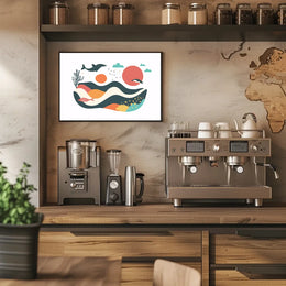 The poster features a whimsical and abstract marine scene. Central to the design Travel Poster