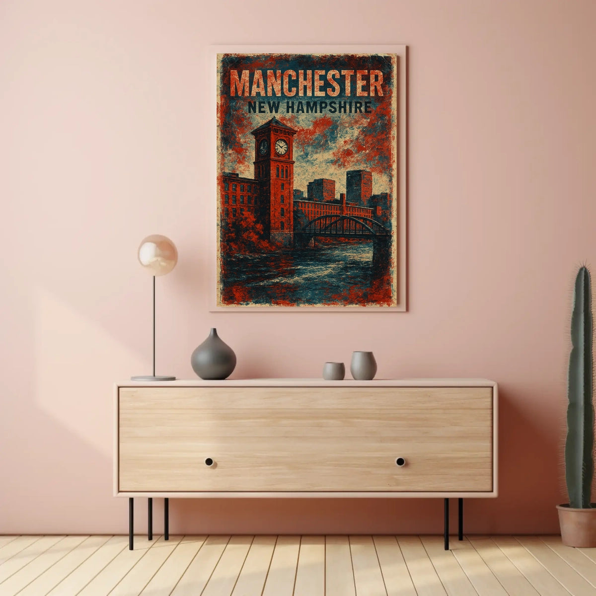Manchester Clock Tower River Scene Vintage Nostalgic Poster