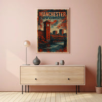 Manchester Clock Tower River Scene Vintage Nostalgic Poster