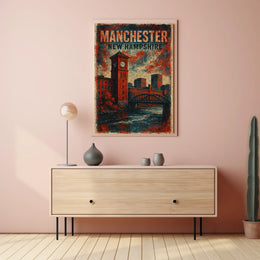 Manchester Clock Tower River Scene Vintage Nostalgic Poster
