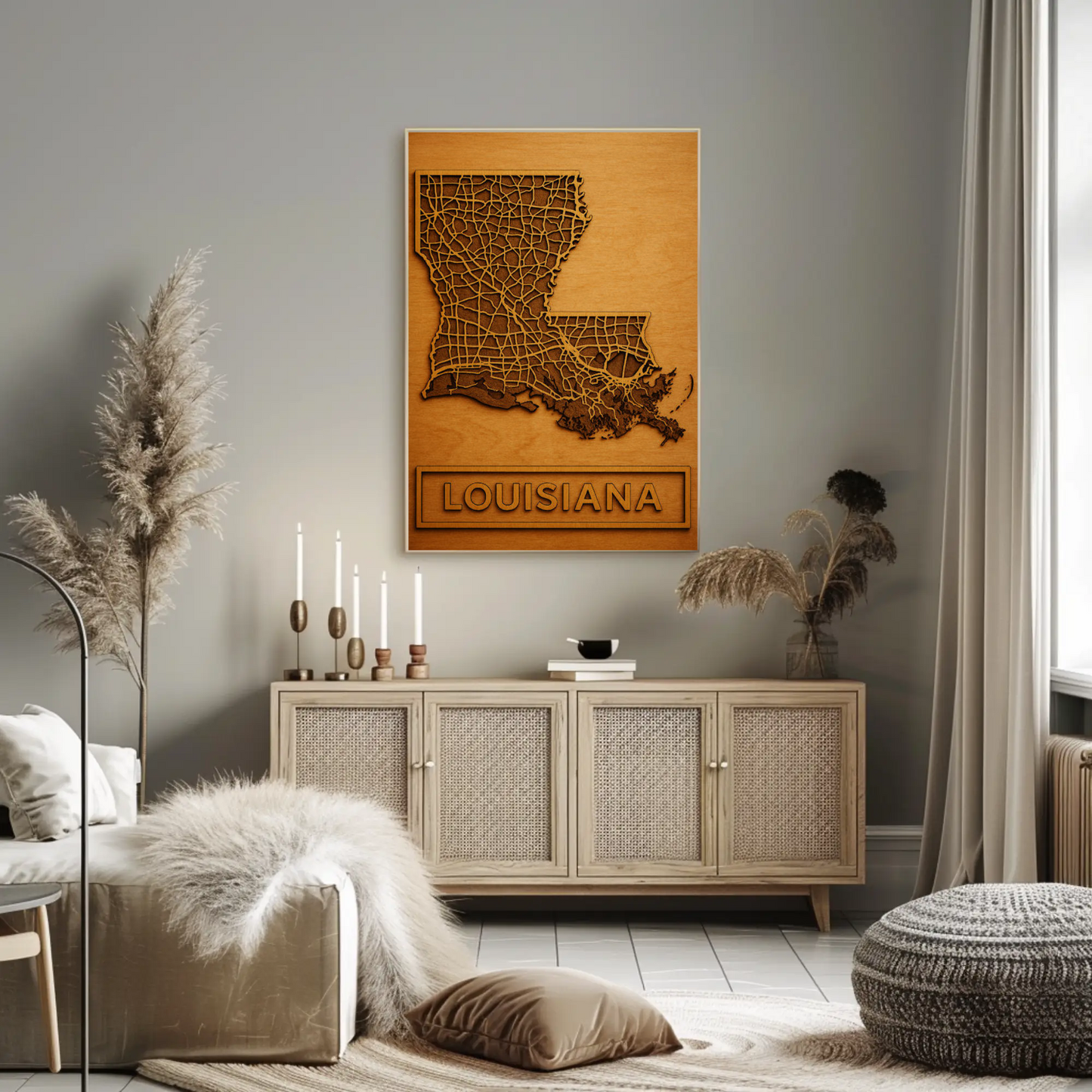 Louisiana Road Map Wood Engraved State Art Poster