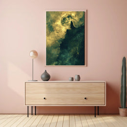 Mysterious Cloaked Figure Under Glowing Moon Fantasy Poster