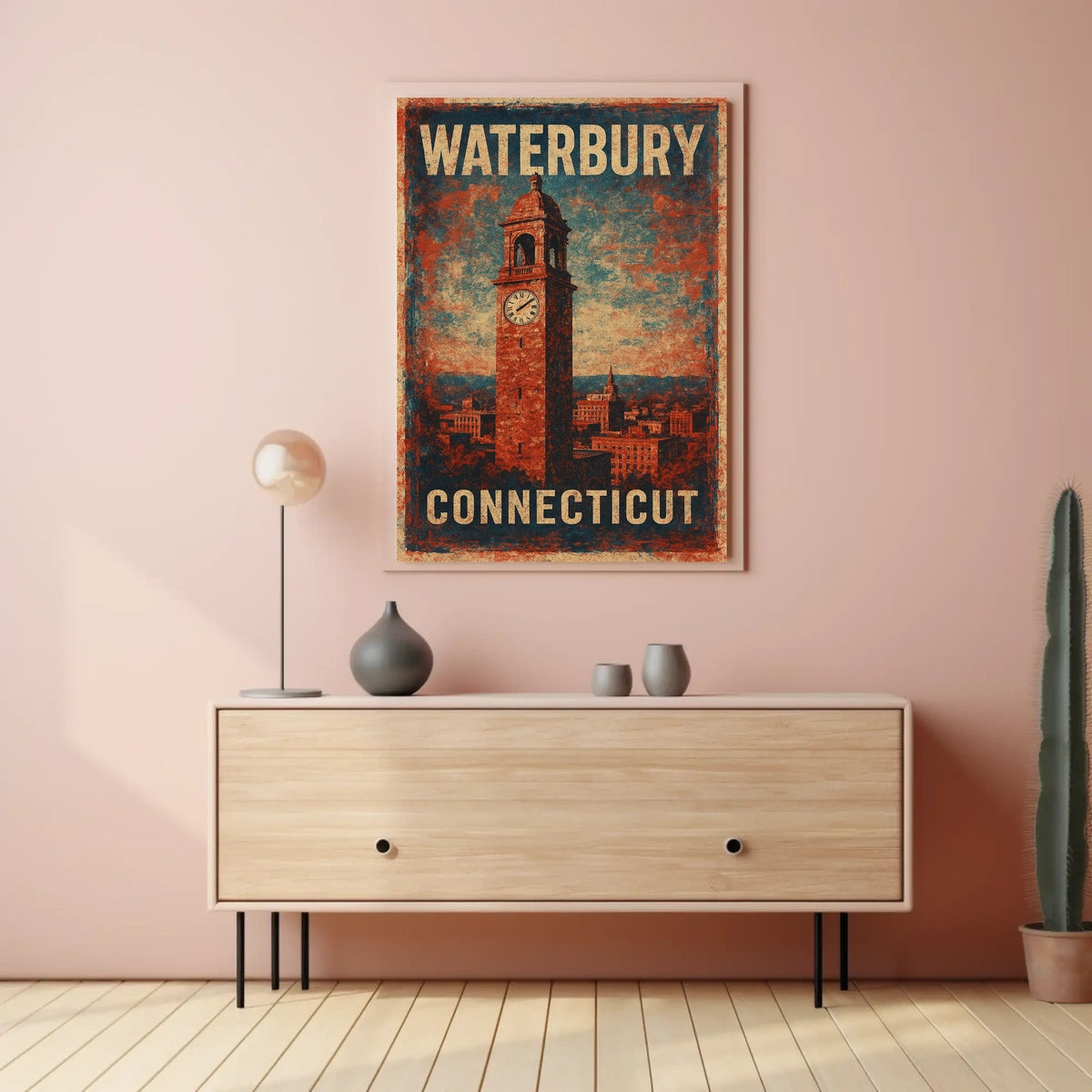 Waterbury Clock Tower Vintage Art Deco Poster