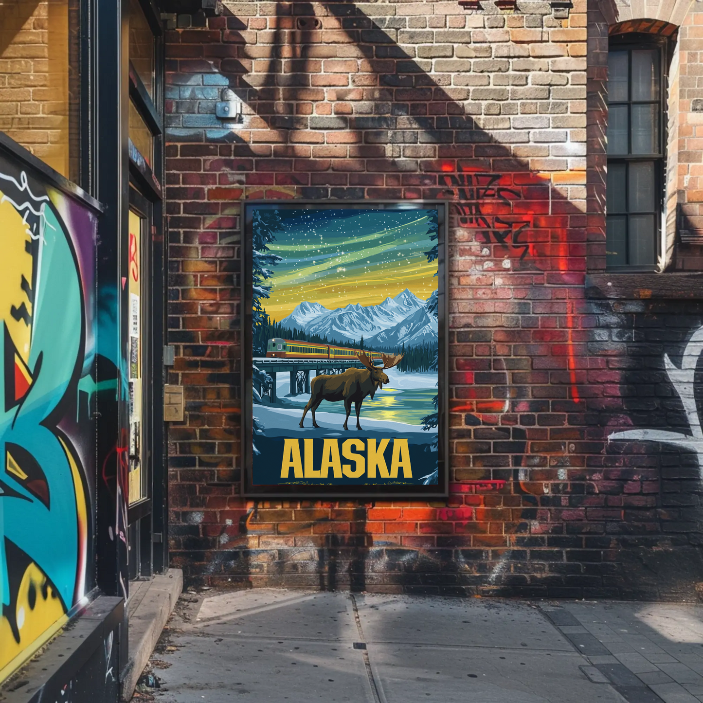 Alaska Vintage Poster - Moose and Northern Lights