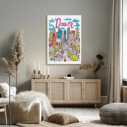 Denver Colorado Cityscape Mountain Backdrop Travel Poster