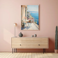 Mediterranean Balcony Scene: European Coastal Serenity Travel Poster