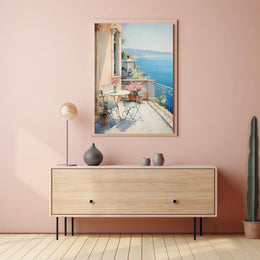 Mediterranean Balcony Scene: European Coastal Serenity Travel Poster