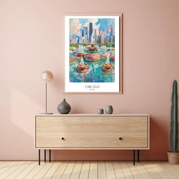 Chicago Skyline with Buckingham Fountain Urban Cityscape Poster PosterGoat