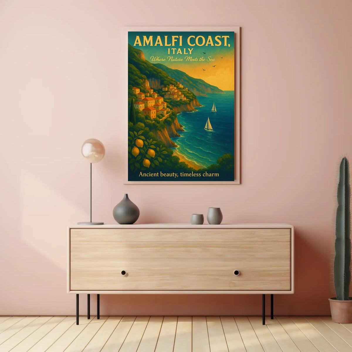 Amalfi Coast Vintage Travel Poster: Serene Seaside Escape