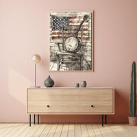 Vintage Banjo On Rustic Chair With American Flag Poster