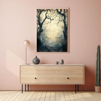Enchanted Gnarled Trees in Misty Forest - Artistic Poster