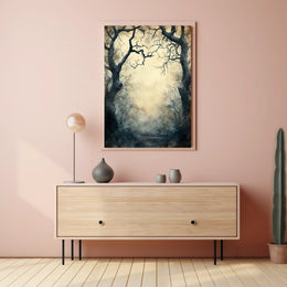 Enchanted Gnarled Trees in Misty Forest - Artistic Poster
