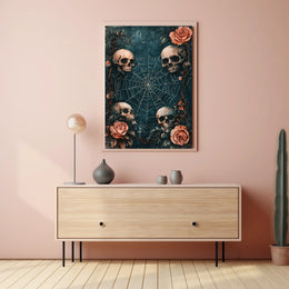 The poster has a gothic and macabre theme, featuring four human skulls arranged Travel Poster