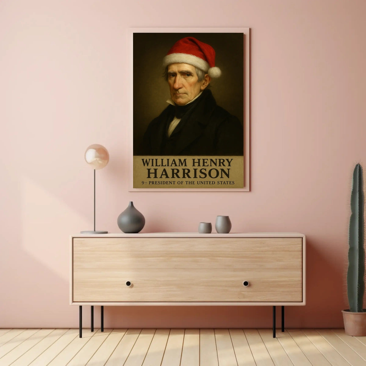 The poster depicts a stylized portrait of William Henry Harrison, the 9th President Travel Poster