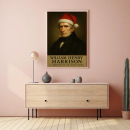 The poster depicts a stylized portrait of William Henry Harrison, the 9th President Travel Poster