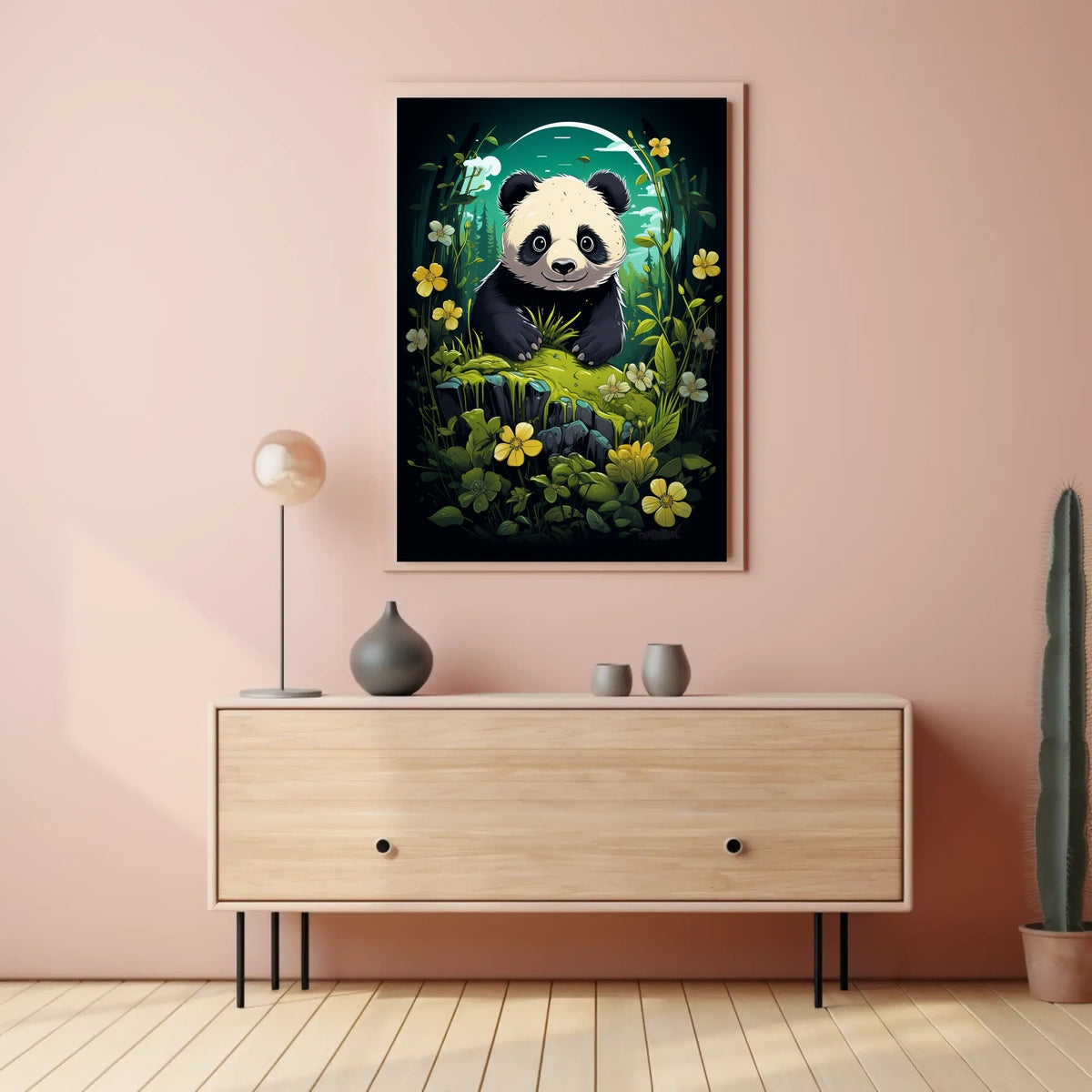 Panda in Whimsical Forest Cartoon Art Poster