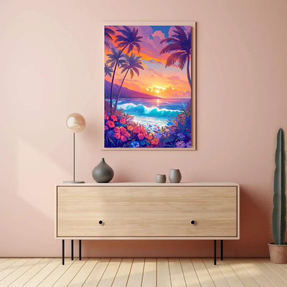 Tropical Sunset Beach Scene Illustrated Poster